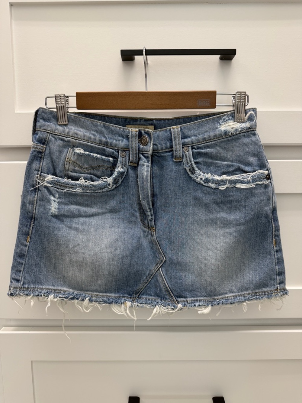 Burberry Distressed Frayed-Edge Denim Skirt
